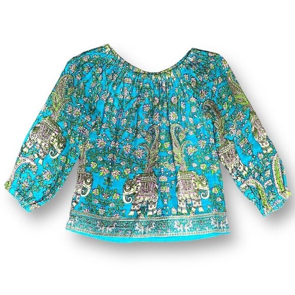 PEEK Girls Peasant Top Sz Large 8 Teal Blue Pink Boho Paisley Floral Elephant - Picture 1 of 7
